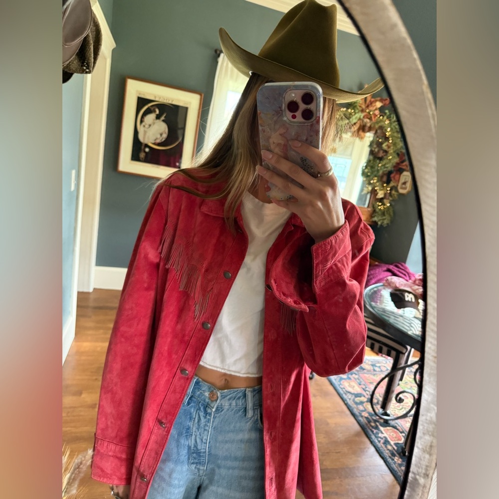 Chico’s western Vermillion Suede Fringed Jacket coral pink sz 3 - Picture 5 of 16